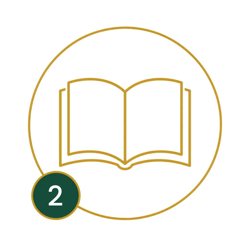 Outline of an open book inside a circular gold border with the number 2 in a green circle at the bottom left.