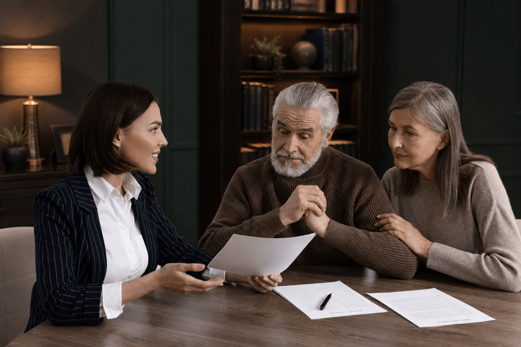 A woman in a striped blazer is discussing documents with an elderly couple at a table, with a cozy library setting in the background.