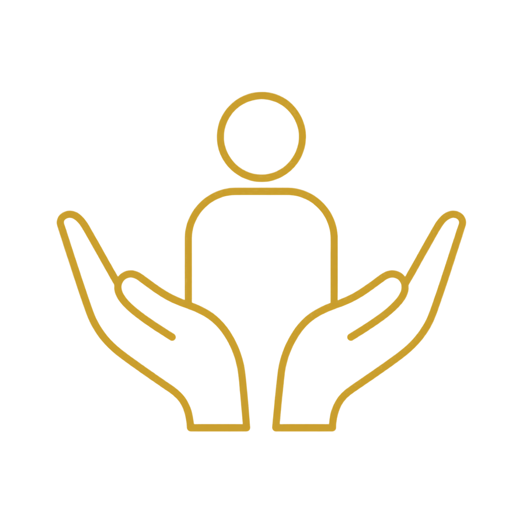 Icon of two hands cradling a simplified human figure, representing care and protection.