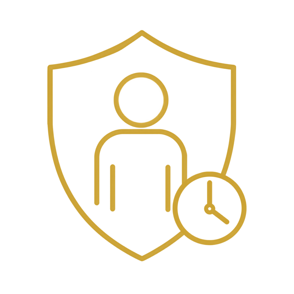 An icon representing security, featuring a shield with a person silhouette and a clock.