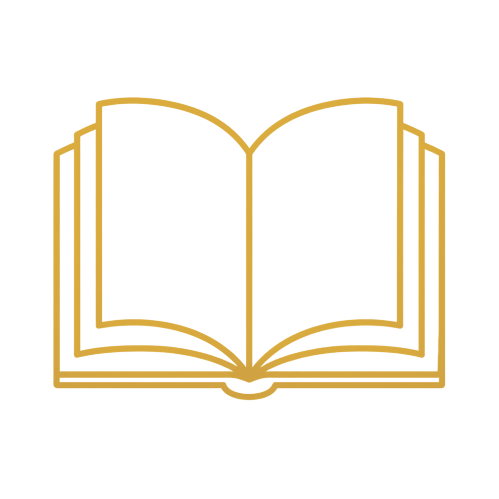 An open book icon drawn in gold outline style.