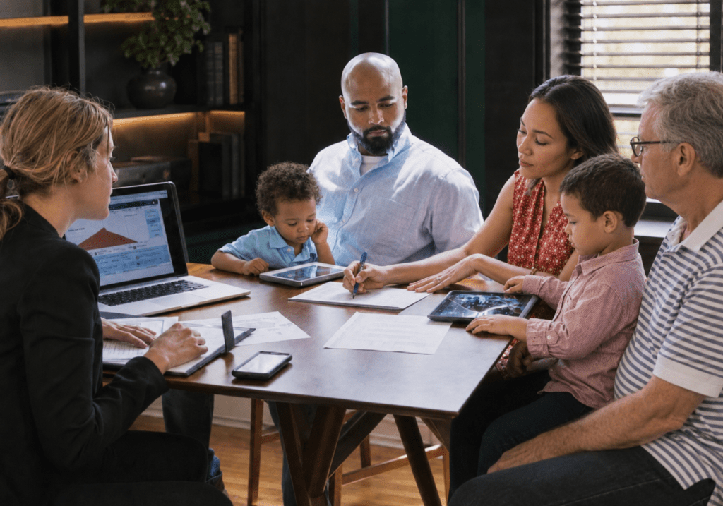 A diverse group of adults and children engaged in a collaborative meeting around a wooden table, with laptops and tablets in use, discussing documents and sharing ideas.