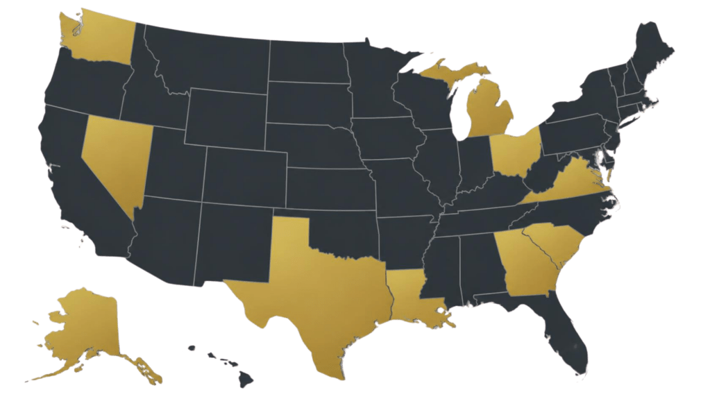 Map of the United States highlighting certain states in yellow against a black background.